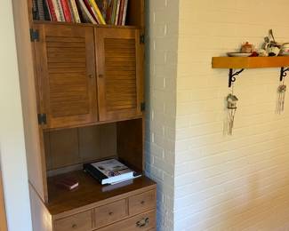 Small MCM hutch, cookbooks, dishware, cookware