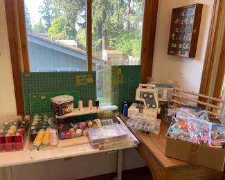 Serger and supplies, knick-knacks, sewing equipment