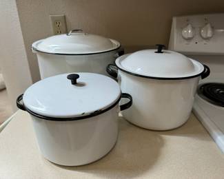 True Vintage White & Black Enamel Stock Pans	