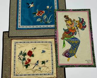 (2)Asian Silk Embroideries & Balinese Ceremonial Dancer Painting	