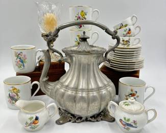Bareuther Waldsassen Small Bird Mugs + Antique S&F Sheffield Teapot	