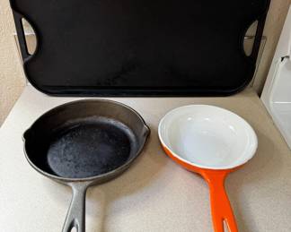 Cast Iron Trio - Lodge Griddle - Casron Orange Ombre Skillet +	