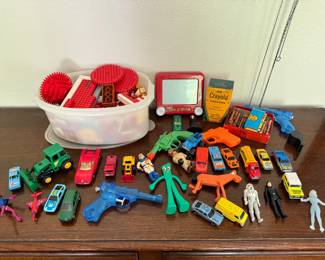 Vintage Toy Treasure Chest - Legos, Matchbox Cars, Star Wars Figures +	