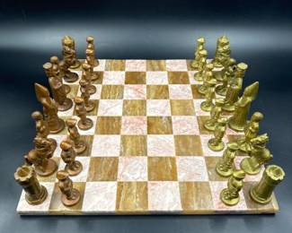 Vintage Onyx Chess Board + Heavy Cast Metal Figural Chess Pieces	