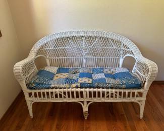 Vintage White Wicker Couch w/ Cute Retro Print Cushion	