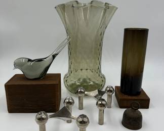 Mid Century Smoky Blown Glass Art - MCM Nagel Candle Holders +	