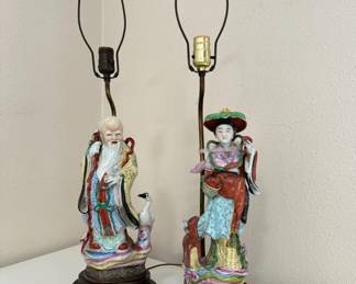 Antique Vintage Chinese Polychrome Porcelain Table Lamps