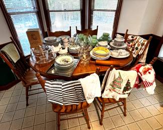 Dish selections include set of green glass, and nice china.