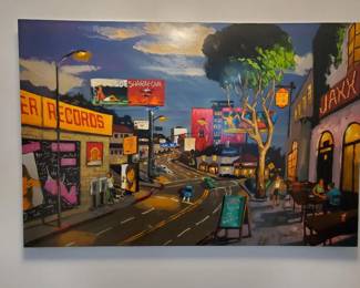 Sunset Boulevard
Artist: signature illegible
Purchased: for $2,500
Dimensions: 47 ¾" W X 31 ½" T X 1 5/8" D
Details: Oil on wood, unframed 
