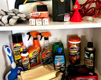 Car cleaning products, many full or nearly so. My dad was a car guy and top priority was his 1931 originally restored Ford Model A Sports Coupe, a winner of many car shows.