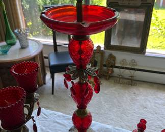 Floor ashtray, cranberry glass, hobnail
