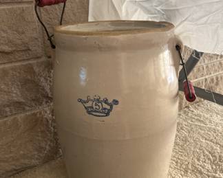 Number five blue Crown crock with handles