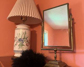 Antique Table Mirror, lamp, feather scarf and lamp