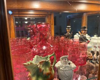 Antiques, Cranberry Pitcher and glass set, and more