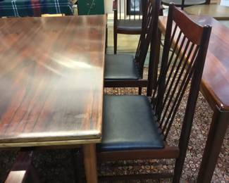 4 MCM Rosewood side dining chairs with black leather seats. Pair armchairs black leather seats.