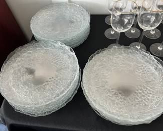 Glass dinner plates with grape vine motif. 60 total, sold in smaller groups