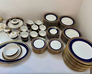 Christian Dior “Gaudron Lapis” china. 
16 dinner plates, 16 salad plates, 16 bread plates, 16 coupe soup bowls, 16 cups and saucers, platter, gravy, round vegetable bowl, creamer and sugar bowl. 