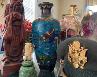 Japanese Cloisonné Vase and Vietnam Era US Army Dress Hat