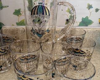 GEORGES BRIARD VINTAGE LOW BALL GLASSES with Pitcher HOT AIR BALLOON