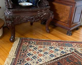 Chinese carved chair and rugs