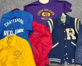 Large Collection of Vintage Athletic Jackets and Shirts from Coach Farr's Hall of Fame Career as a Wrestling Coach.  