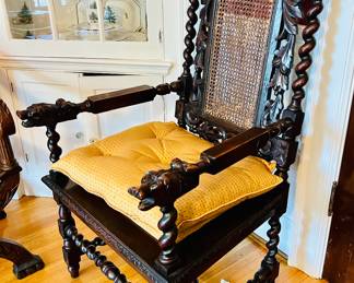 Jacobean Style Oak Carved Arm Chair with Hunting Hound motifs. 