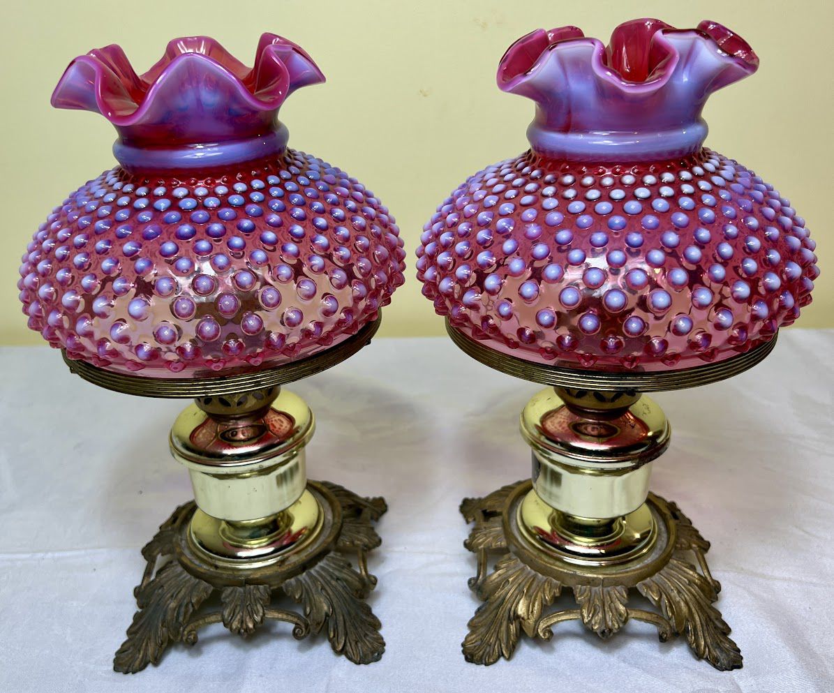 Rare Set of Fenton Hobnail Cranberry Opalescent Lamps (not corded, candle lamp) Heavy Bases