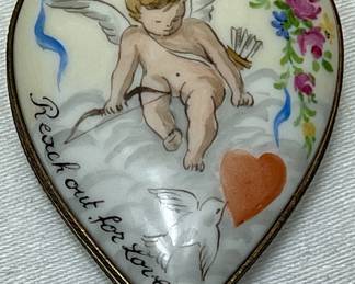 Limoges Heart Box "Reach Out for Love" Trinket Box with Cupid