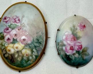 Hand Painted Porcelain Antique Victorian Floral Brooches 2.5" and 2". Large one reads G.M. Lloyd Charles City, Iowa on back.