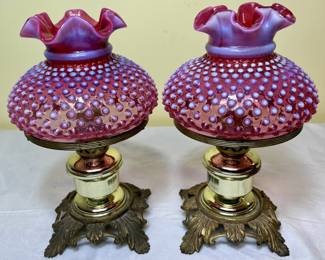 Rare Set of Fenton Hobnail Cranberry Opalescent Lamps (not corded, candle lamp) Heavy Bases