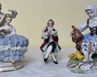 Vintage Dresden Porcelain Figurines- Carl Thieme Woman with Chickens 4", German Dresden Lace Couple, and MZ Ireland Dresden Colonial Gentleman