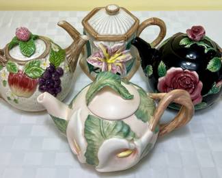 Vintage Fitz and Floyd Midnight Rose Teapot, Asian Lily Teapot, Calla Lily Teapot and Fruit Fait Teapot