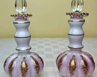 Fenton Peach Crest Perfume Bottles Set with stoppers and Tyndale Gold Roses