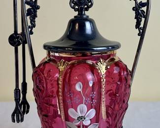 Victorian Silverplate Cranberry Glass Pickle Castor 10.5" H