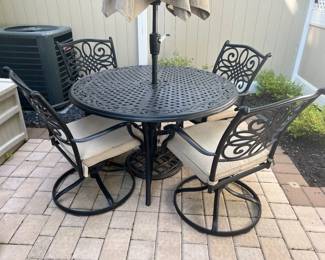 1. Cast Aluminum Dining Set - Table 48", 4 Swivel Chairs and Umbrella