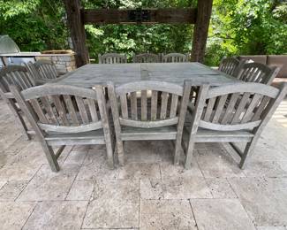 114. The Source Teak Dining Table (7' x 5' x 30") & 10 Arm Chairs 