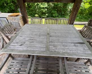 114. The Source Teak Dining Table (7' x 5' x 30") & 10 Arm Chairs 