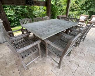 114. The Source Teak Dining Table (7' x 5' x 30") & 10 Arm Chairs 
