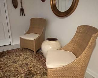83. Pair of Woven Rattan Chairs (22" x 21" x 39")
84. Gold Rug (7'10" x 9'8") 
85. Pot w/ Crackle Finish (22")