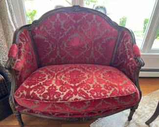 131. Petite Carved Loveseat w/ Red Upholstry (43" x 29" x 39")