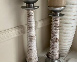 60. Pair of Ceramic Candlesticks (tall 19") (small 17")