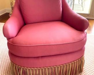  SOLD  Sale $ 144 Each - Pair Rose Pink Chairs with Wide Fringe 30" Tall x 31 1/2 " Wide   (some slight fading on top back of pillow) Otherwise great condition!   314 494 7222