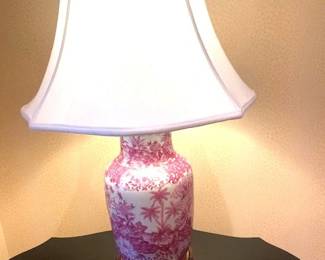  $124 Rose Porcelain Chinoiserie Lamp  Wooden Base 32" Tall with Shade  21" wide Shade  no tears / spots 