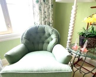 $75 Green Fabric  Chair Swivels no spots    32" high x 27" wide x 
 24" deep   White floor lamp Wood  Good Condition $35  
