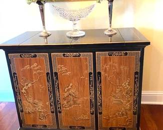 SOLD   $ 395 Wonderful Chinoiserie  Bar Server Top Flips Open Great Condition  39 1/2" wide x 19" deep x 32 1/2 Tall