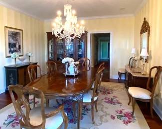 Century Dining Room Set   All Sold Separately Dining Table w 2 Leaves & Pads   64" long x 45 1/2' wide  x  26 1/2" tall leaf 22 1/2"  $795    8 Chairs - 6 Sides,  2 Arms  $640               
Century Credenza  with Marble Top   60" wide x 28.5 " Tall x 17.5" deep     China Cabinet  $ 795   73.5 " wide x 86.5" Tall x 20" Deep  All in Great Condition                 
Cameron Cream with Florals  Loop Wool Rug        
Great Condition  10x 14                
314-494-7222