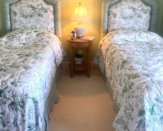 ALL SOLD   Darling Pair Twin Fabric Head Boards  $ 295 for the Pair Fabric Like New.. 62" high  x 41"  Holly wood Bed Frames $ 50 each $100 for each Cover &  Bed Skirt     Mattresses Sold Separately  Everything  Like New!  314 494 7222  Window Coverings Available too