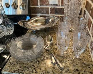 Kitchen, elegant glass goblets, plates