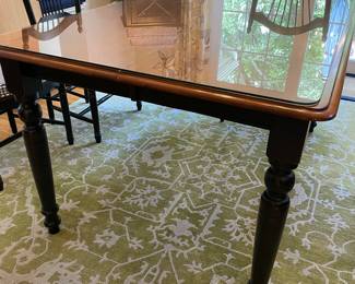 Saybrook Home Dining Set features French Country Butterfly Farm Table with 2 24” leaves.   Unique Loom Olympia Rug Classical Light Green,  8x10