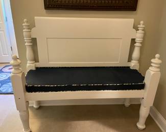 Adorable Antique Wood Bench with custom cushion   55”W x 47” H x 20” D

